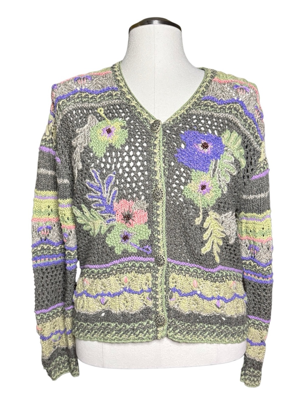 Sigrid Olsen Colorful Boho Vintage Cottage Core Floral Hand Knit Fall Cardigan